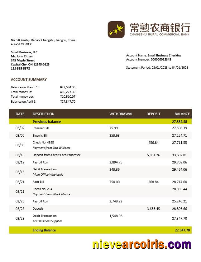 Changshu Rural Commercial Bank firm account statement